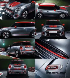 the mini cooper concept car is shown in four different pictures, including red and black stripes