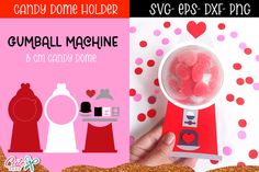 a hand holding a gumball machine in front of a pink and red background with hearts