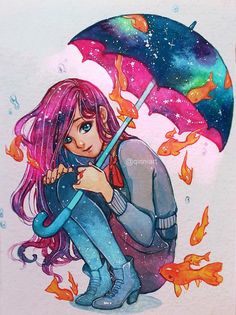 a drawing of a girl with pink hair holding an umbrella in front of fire and water