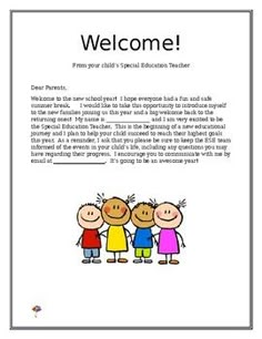 a welcome card with three children standing in front of the words,'welcome'and'from your child's special education teacher '