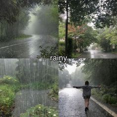 two pictures with the same person walking in the rain and one has his arms outstretched