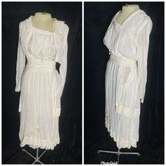 "Gorgeous turn of the century white dress with embroidery. Delicate silk, small discolored spot on lower center of the skirt. Some small holes in the silk lining. Wearable with caution, but better for patterning or display Womens xxs 38\" max bust 22\" waist 35\" hips 15.5\" shoulder to waist 33\" waist to hem" White Silk Dress, Dress With Embroidery, Scalloped Dress, Adored Vintage, 20s Fashion, Unique Blouse, 40s Fashion, Pink Maxi, Turn Of The Century