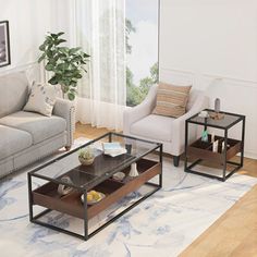 a living room with two couches and a coffee table in front of a window