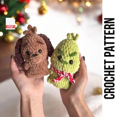 two crocheted stuffed animals in front of a christmas tree