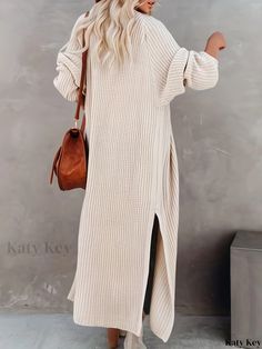 Katykey - Womens Open Front Long Cardigan: A Stylish and Versatile Sweater with Long Sleeves and Chic Side Split Design for Spring and Fall Wardrobe Beige Long Sleeve Sweater, Long Ribbed Sweater For Fall, Long Ribbed Sweater For Winter, Long Ribbed Winter Sweater, Casual Long Ribbed Sweater, Long Ribbed Casual Sweater, Trendy Long Beige Sweater, Casual Long Cotton Sweater, Beige Long Casual Sweater