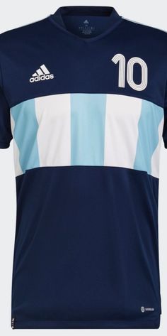 a soccer jersey with the number 10 on it and blue, white and light blue stripes