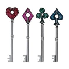 four different styles of keys in the shape of hearts and spades, each with a key