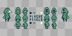 the pixel art work for plague dxels is shown in green and grey colors