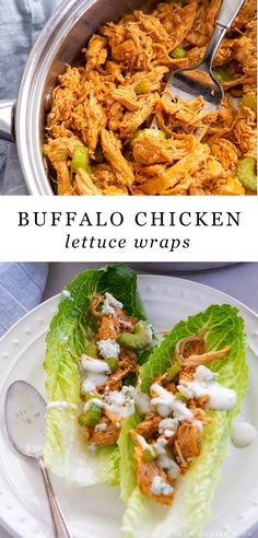 buffalo chicken lettuce wraps with ranch dressing in a pot and on a plate