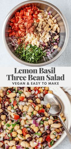 the ingredients for lemon basil bean salad in a white bowl with spoons on top