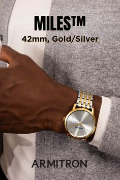 Looking for a unique and thoughtful stocking stuffer? The MILES™ 42mm Gold and Silver analog watch is the perfect choice for the stylish man in your life. With its eye-catching design and top-notch craftsmanship, he'll be turning heads all holiday season. Give the gift of luxury and precision. Shop men's gifts at Armitron today!