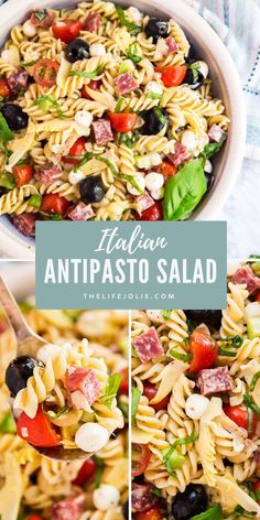 italian antipasto salad with pasta, olives and tomatoes in a white bowl