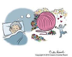 an old woman laying in bed next to a ball of yarn and balls of beads