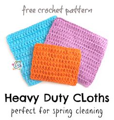 three crocheted dishcloths in different colors on a white background, one is blue and the other is orange