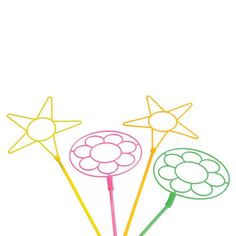 three flower shaped lollipop sticks with star decorations on them