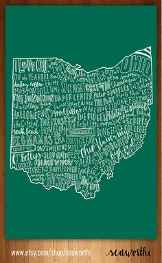 an illustrated map of the united states in green and white on a wooden background with words written all over it