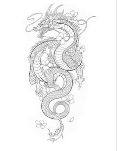 a dragon tattoo design with flowers on it