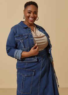 Cargo pockets make a simple cropped denim jacket pop with unexpected edginess softened when styled with the midi wrap skirt. Denim Jacket Plus Size, Jackets Cute, Plus Size Cargo, Statement Jeans, Plus Size Cropped, Denim Wrap Skirt, Cute Plus Size, Midi Wrap Skirt, Plus Size Denim