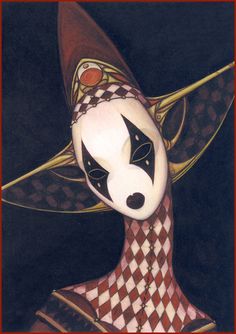 a painting of a woman wearing a mask and checkered dress with a red frame