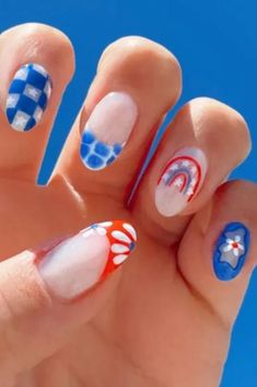 Teen Nails, 4th Of July Nails, July Nails, Rainbow Nails, Fancy Nails, Blue Check, Holiday Nails