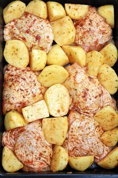 potatoes and meat in a casserole dish with parmesan cheese on top