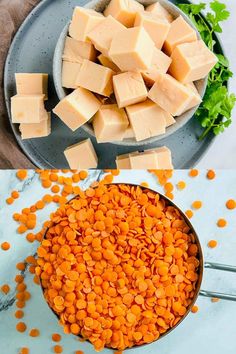 Cubes of red lentil tofu in a grey bowl.