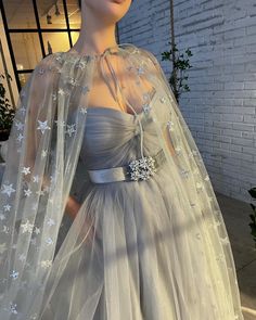 Shining Star Capelet Gown Teuta Matoshi Dresses, Matoshi Dress, White And Silver Dress, Teuta Matoshi, Grey Wedding Dress, Grey Gown, Silver Gown, Moon Dress, Draped Bodice