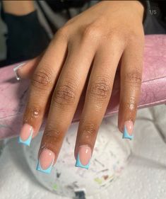 Sky Blue Tips Nails, Baby Blue Short Square Nails, Blue Fresh Tip Nails, Nails Short Acrylic Blue, Simple Short Blue Nails, Short French Tip Acrylic Nails Blue, Blue On Blue French Tip Nails, Shorties Nails French Tip, Cute Nail Designs For Acrylics