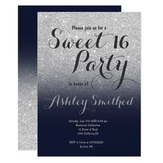 an elegant silver and black sweet 16 birthday party card