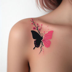 the back of a woman's shoulder with a pink and black butterfly on it