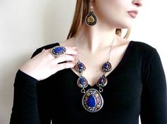 Lapis lazuli massive necklace Tribal Pendant Afghan kazakh Jewelry Heart, Light Earrings, Earrings Bohemian, Ethnic Earrings, Heart Jewelry, Bohemian Jewelry, Earrings Handmade, Washer Necklace