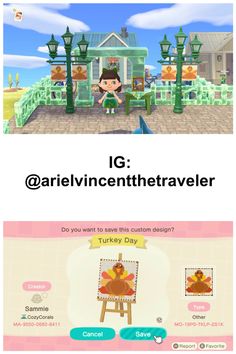 an animal crossing game is shown with the caption'ig @ nailevininethetraveler do you want to save this custom design?