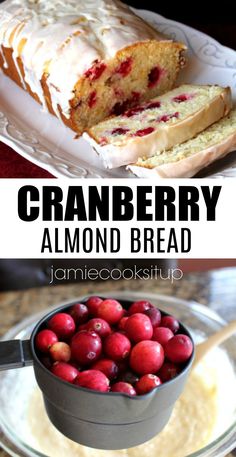 cranberry almond bread with white frosting and fresh cherries in a bowl