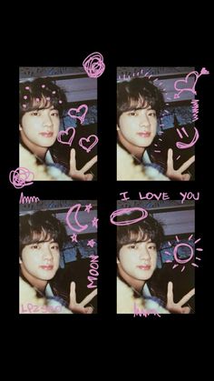 i love you photo collage with pink hearts and hand gestures on black paper background