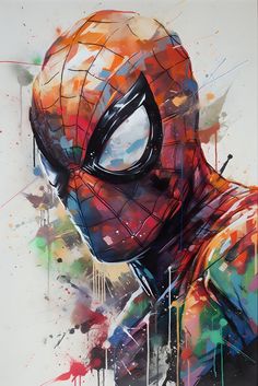 a painting of a spider man with paint splattered on it's face