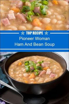 two pictures of soup with ham and bean soup