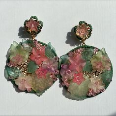 One Of A Kind Gold Tone Earrings Hand Embroidered And Beaded With Acrylic Flowers, Leaves And Crystals. Post Back. 3” Inches Long And 2.25” Inches At Their Wisest Point. Handmade Pink Clip-on Earrings For Party, Elegant Embroidered Multicolor Jewelry, Elegant Multicolor Embroidered Jewelry, Traditional Pink Earrings For Summer, Pink Bohemian Embroidered Jewelry, Bohemian Embroidered Pink Jewelry, Pink Handmade Clip-on Earrings For Wedding, Handmade Pink Clip-on Earrings For Wedding, Pink Embroidered Jewelry For Festive Occasions