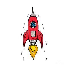 a drawing of a red rocket ship with a yellow star on it's side