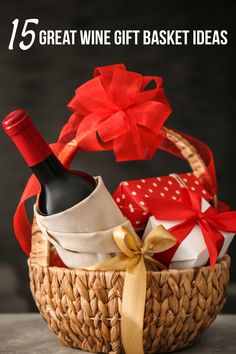 a basket filled with wine bottles and wrapped in red ribbon on top of a table