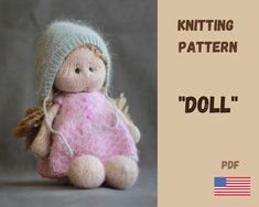 a knitted doll sitting on top of a table next to the words knitting pattern doll