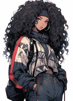 a drawing of a woman with long curly hair wearing a jacket and jeans, standing in front of a white background