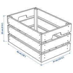 a drawing of a wooden crate with measurements for the bottom and side drawers on it