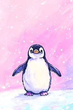 a painting of a penguin standing in the snow on a pink and blue sky background