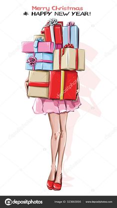 a woman carrying presents on her back with the words merry christmas and happy new year