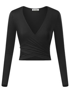 PRICES MAY VARY. Long sleeve, sexy v-neck, stylish cross front crop tops show women's sexy waist line and curve. Light weight, comfortable, stretchy, soft and breathable material. Thin enough to wear throughout summer, and to layer on during winter. Great choice to match denim jeans, shorts and skirts in various colors to be a reinvention queen！Very easy matching！ Classy enough to wear for work as well as for working out, casual, club, party, dancing, dating, shopping, wedding occasion. For deta Black Long Sleeve Crop Top, Slim Fit Crop Top, Wrap Crop Tops, Wrap Shirt, Crop Top Shirts, Long Sleeve Crop, Deep V Neck, V Neck Tops, Black Long Sleeve