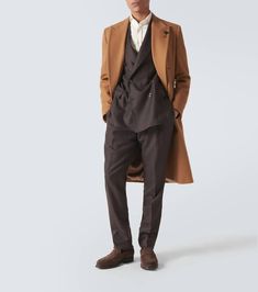 Find LARDINI Double-breasted Wool-blend Overcoat on Editorialist. Material: 80% wool, 20% polyamide. Care instructions: dry clean. Made in Italy. Designer color name: Camel. Lining: 65% acetate, 35% viscose. Tailored Brown Wool Coat With Concealed Placket, Tailored Single Breasted Brown Wool Coat, Tailored Single-breasted Brown Wool Coat, Brown Winter Suits With Double Button Closure, Tailored Brown Wool Coat For Business, Brown Suits With Button Closure For Winter, Tailored Brown Wool Coat With Double Button Closure, Tailored Brown Double-breasted Outerwear, Tailored Long Brown Coat