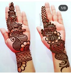 two hands with henna designs on them, one showing the intricate design and the other showing