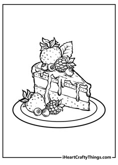 a piece of cake with strawberries and berries on it is outlined in black and white