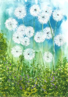 a painting of some white flowers in the grass