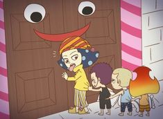 an animated image of children standing in front of a door with a cartoon character on it